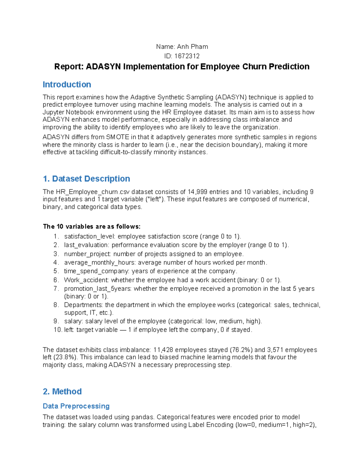 A9 Report: ADASYN for Employee Churn Prediction Analysis - Studocu