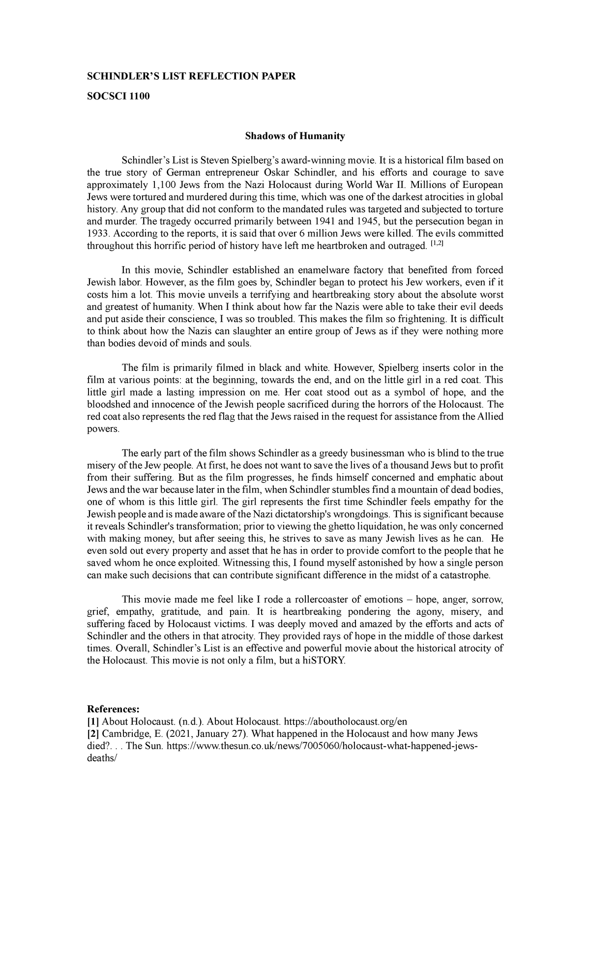 SCHINDLER'S LIST Reflection Paper - SOCSCI 1100 Analysis - Studocu