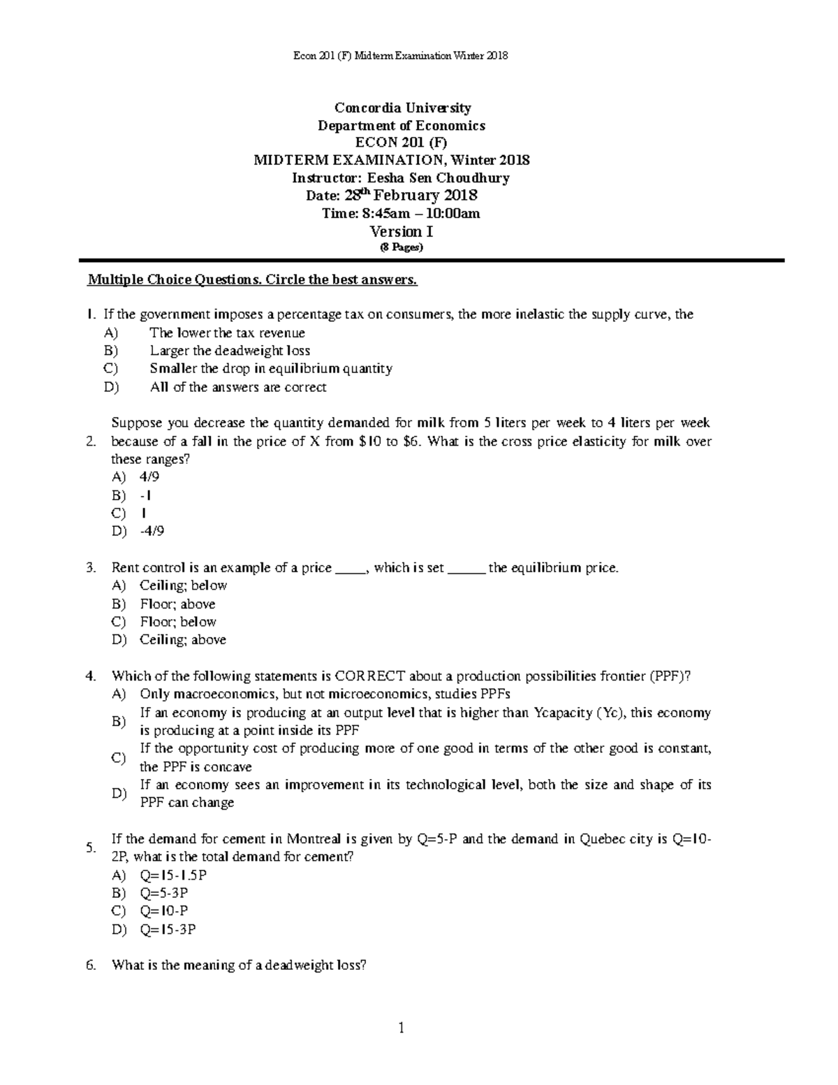 Econ 201 (F) Midterm Exam Questions - Winter 2018 - Studocu