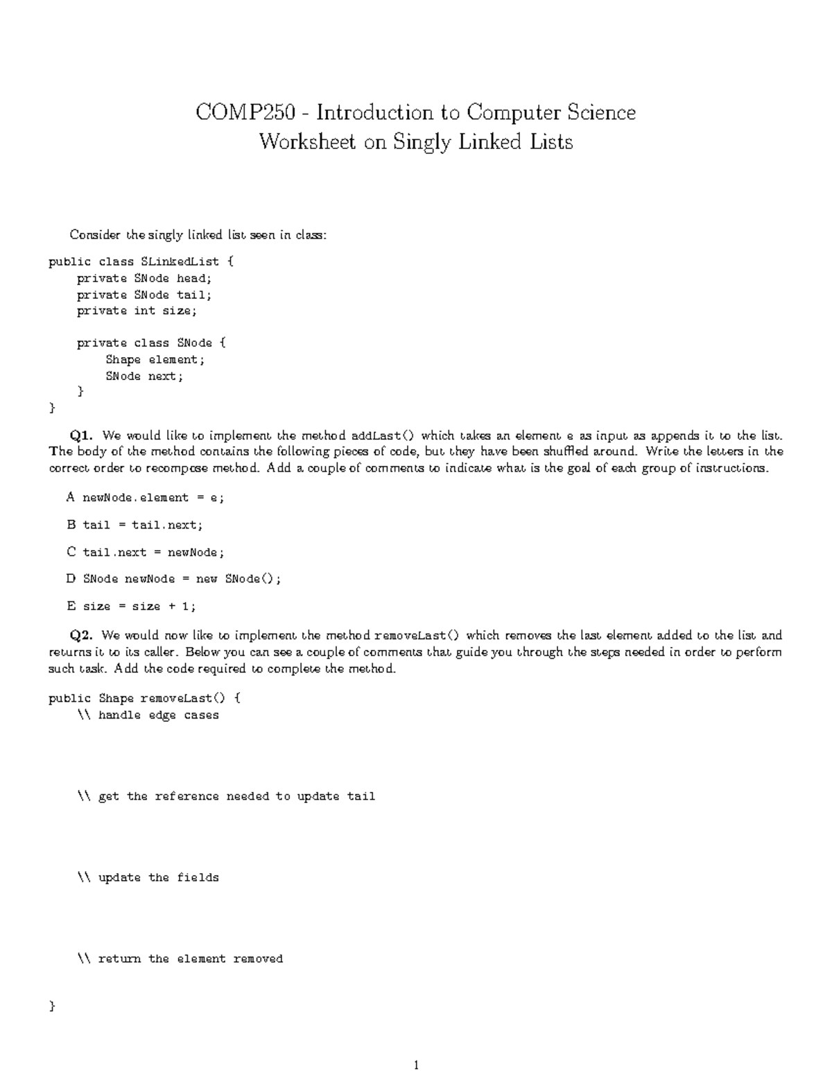COMP250 Lecture 8 Worksheet on Singly Linked Lists - Studocu