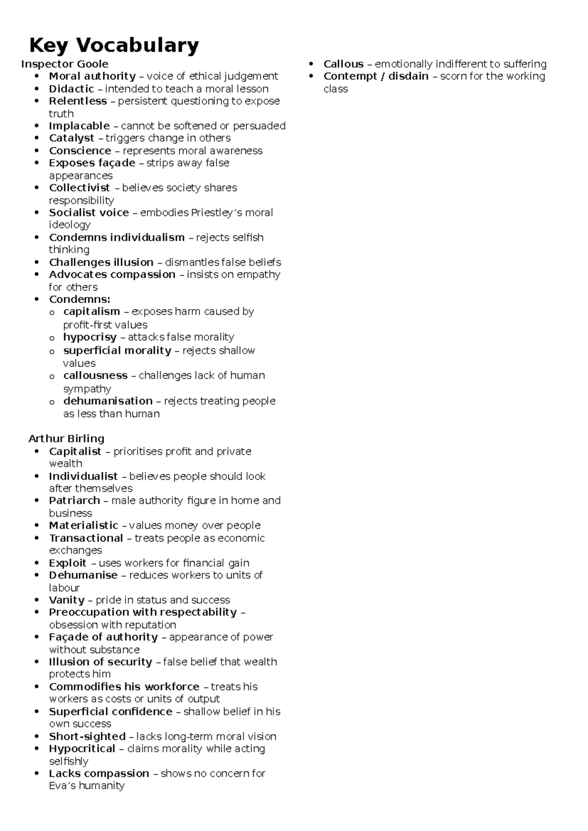 Vocabulary AIC: Key Terms and Concepts in "An Inspector Calls" - Studocu