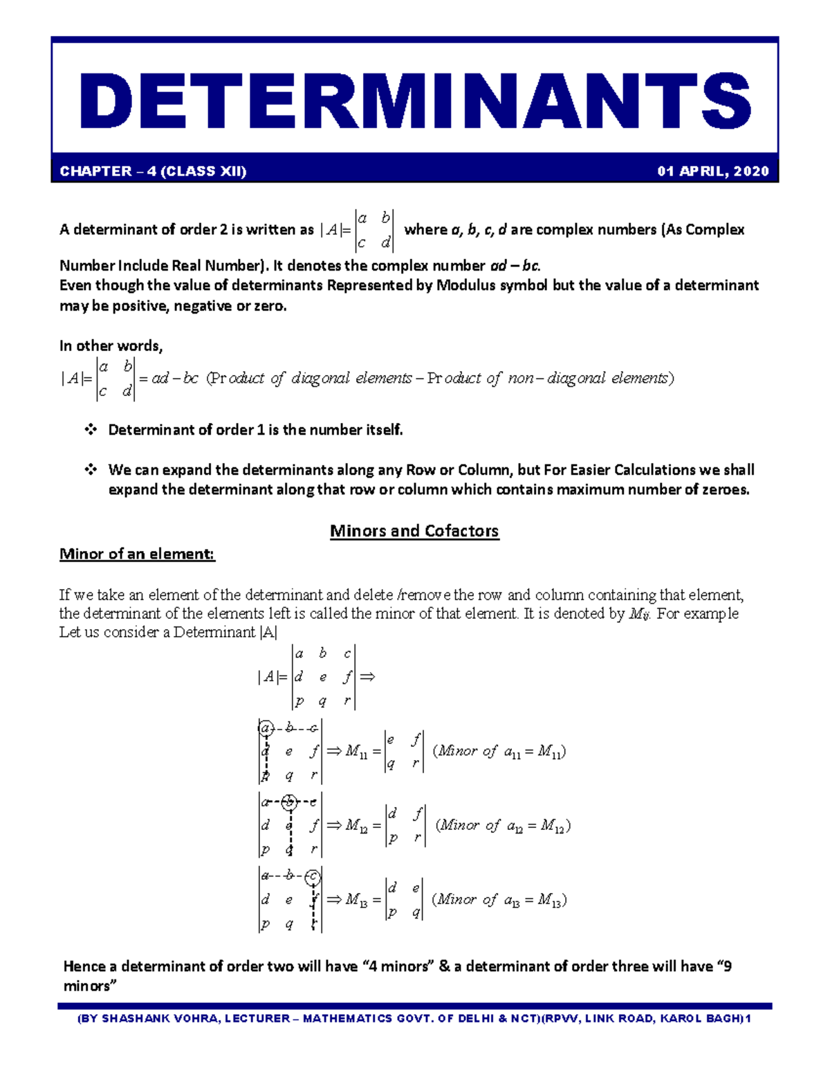 Determinants Assignment 2020-21 Class 12 - DETERMINANTS CHAPTER – 4 ...