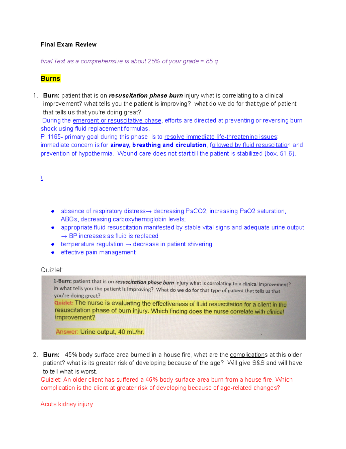 Final Exam Review: Comprehensive Burn Management and Nursing Care - Studocu