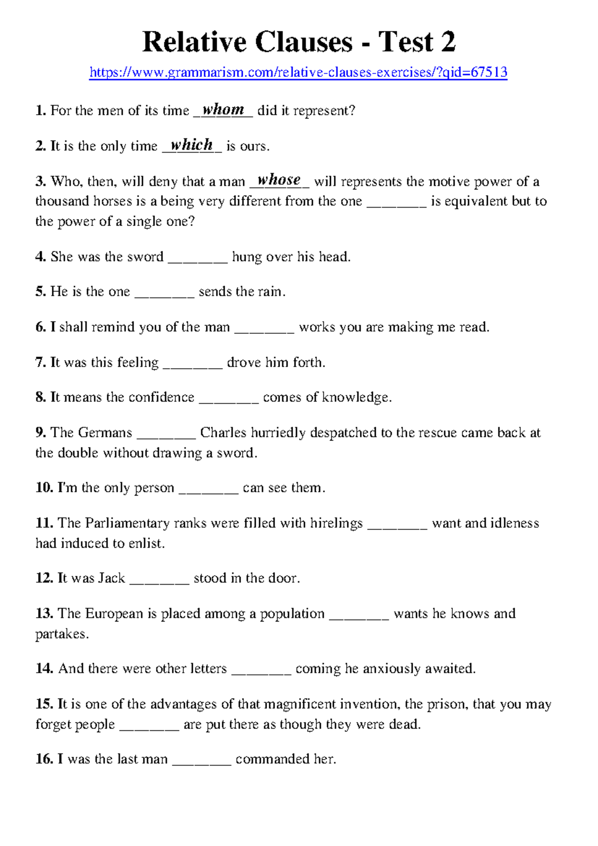 Relative Clauses Test 2 - Grammarism 1214440 - Studocu
