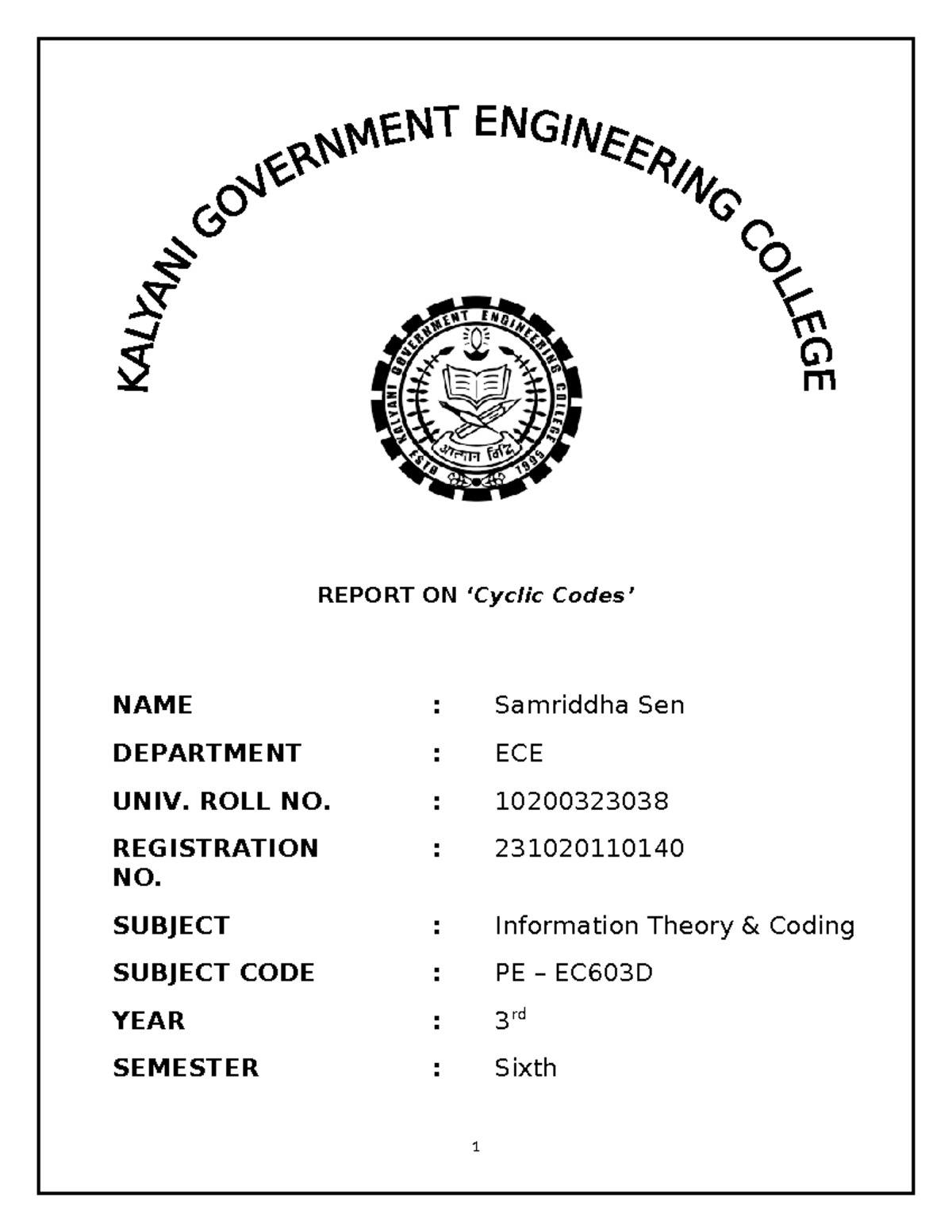 Report on Cyclic Codes in Information Theory Coding (PE EC603D) - Studocu