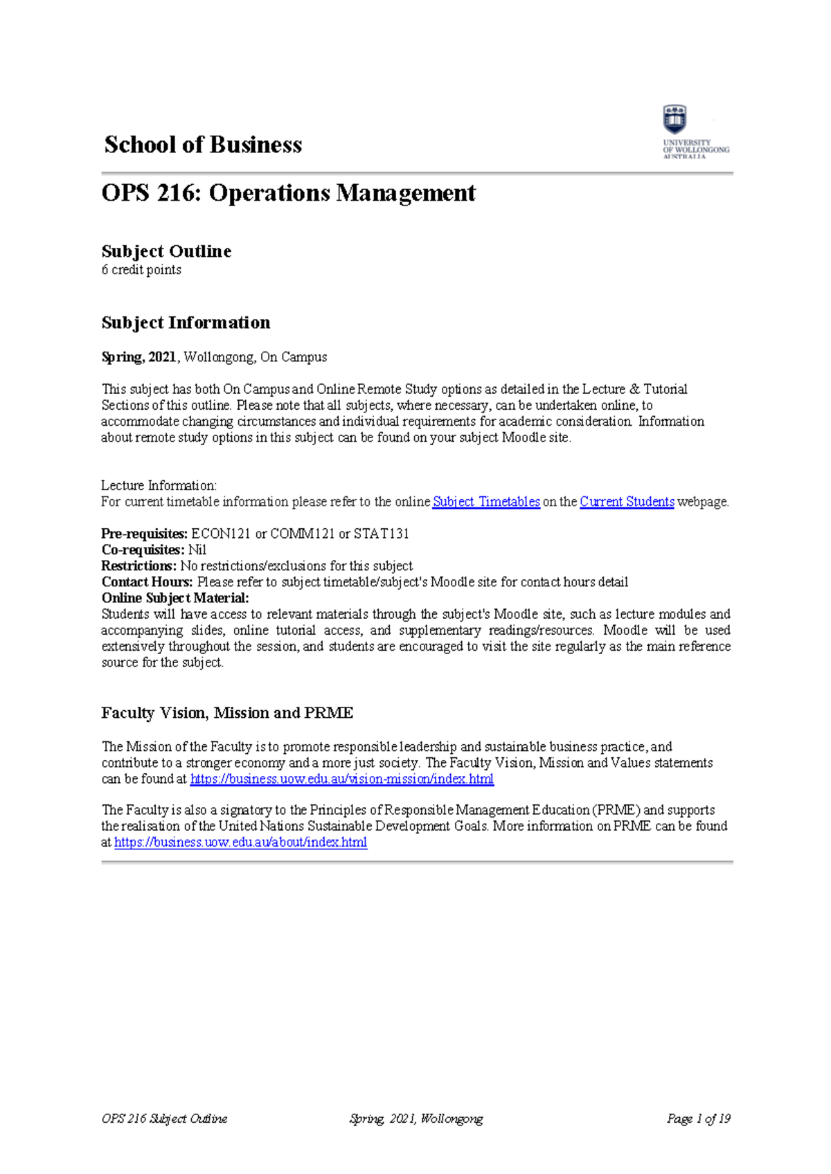 OPS 216 Spring 2021 Subject Outline and Course Information - Studocu