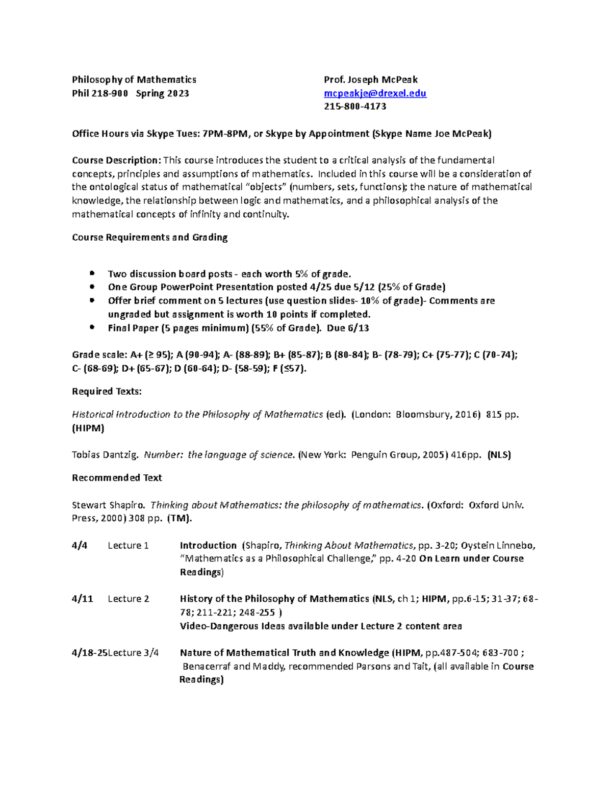 Phil 218-900 Philosophy of Mathematics Syllabus Spring 2023 - Studocu