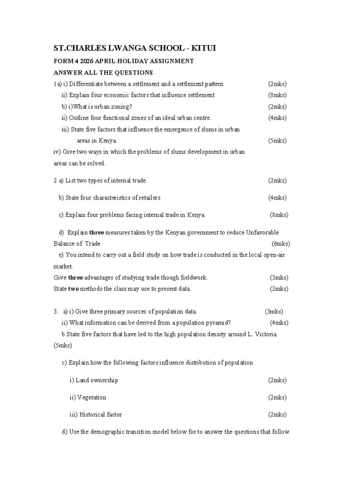 FORM 4 Geography April Holiday Assignment 2026 - Answer Key - Studocu