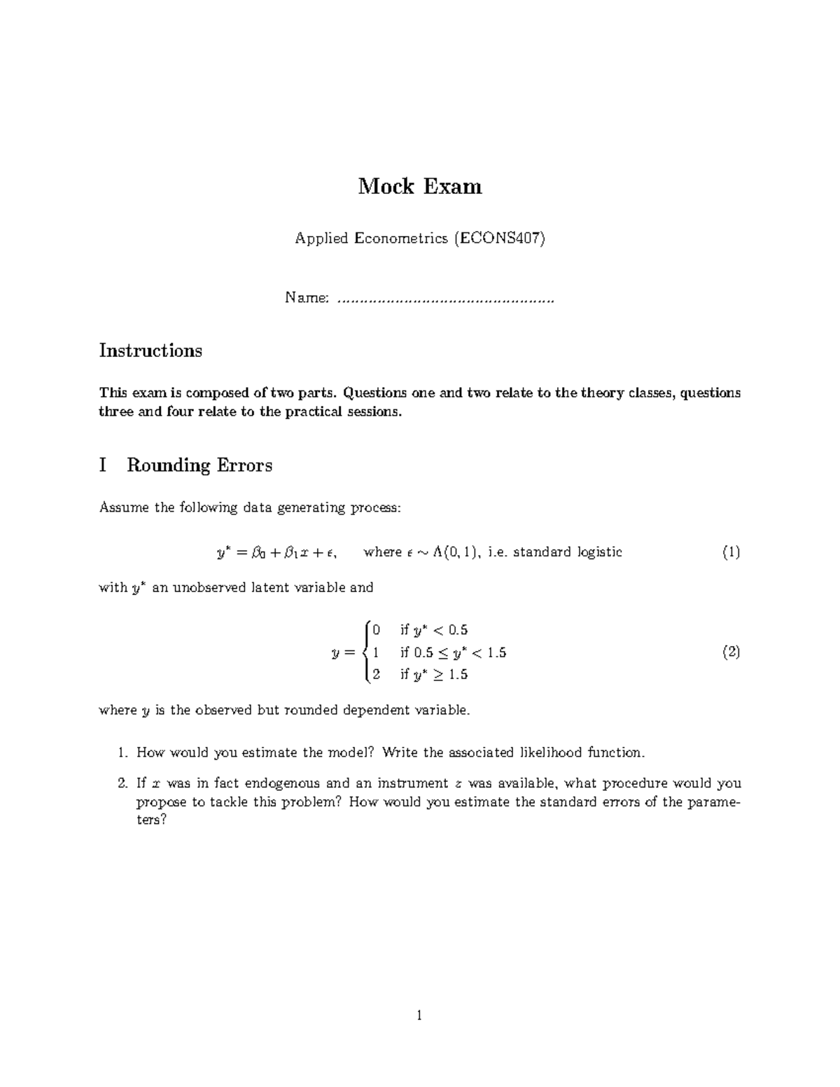 Mock Exam - Applied Econometrics (ECONS407) Practice Questions - Studocu