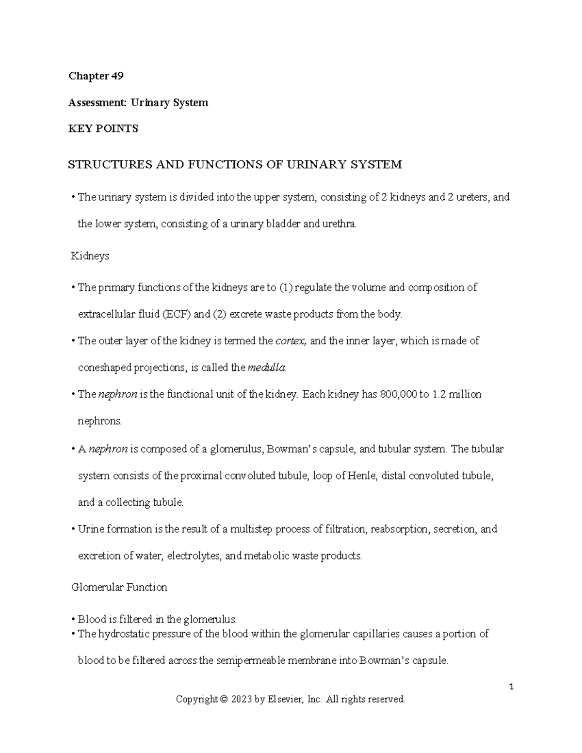 Chapter 049 - Key Points on Urinary System Structures & Functions - Studocu