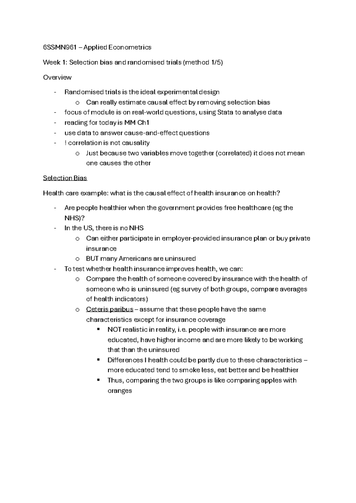 Applied Econometrics (6SSMN961) - Week 1: Selection Bias & Trials - Studocu