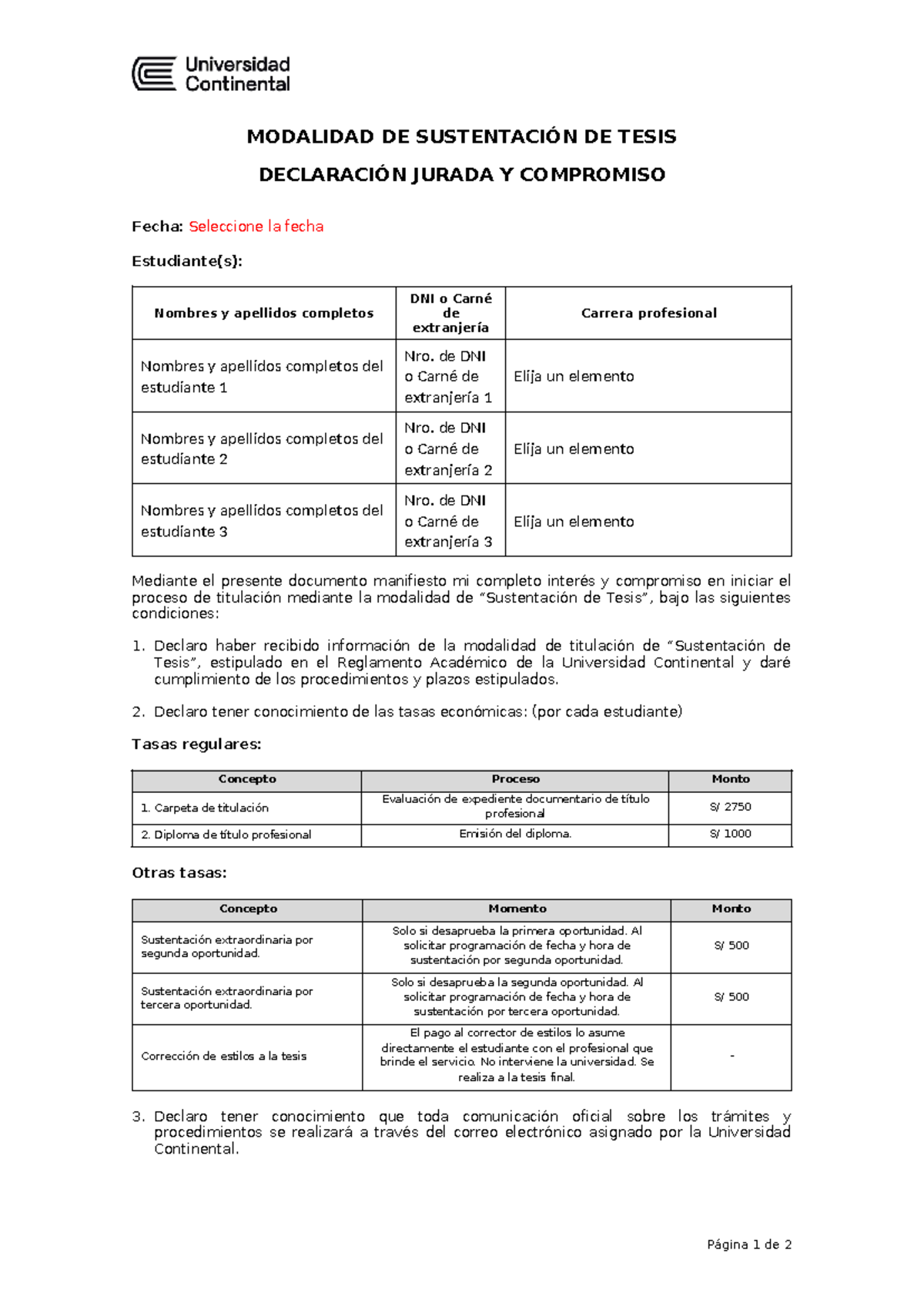 Declaración Jurada y Compromiso para Tesis - Modalidad de Sustentación - Document Preview