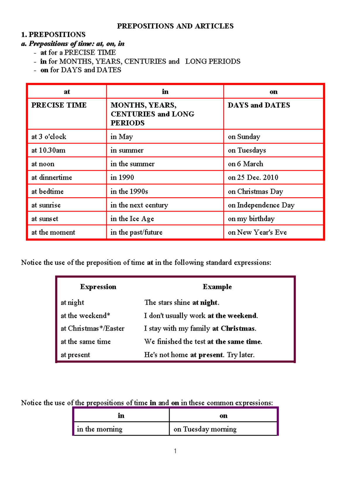 7. Prepositions AND Articles - PREPOSITIONS AND ARTICLES 1 ...