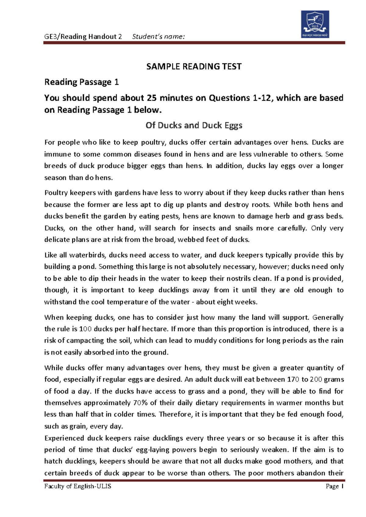 GE3 Reading Handout 9 for Ss-essays 19 - SAMPLE READING TEST Reading ...