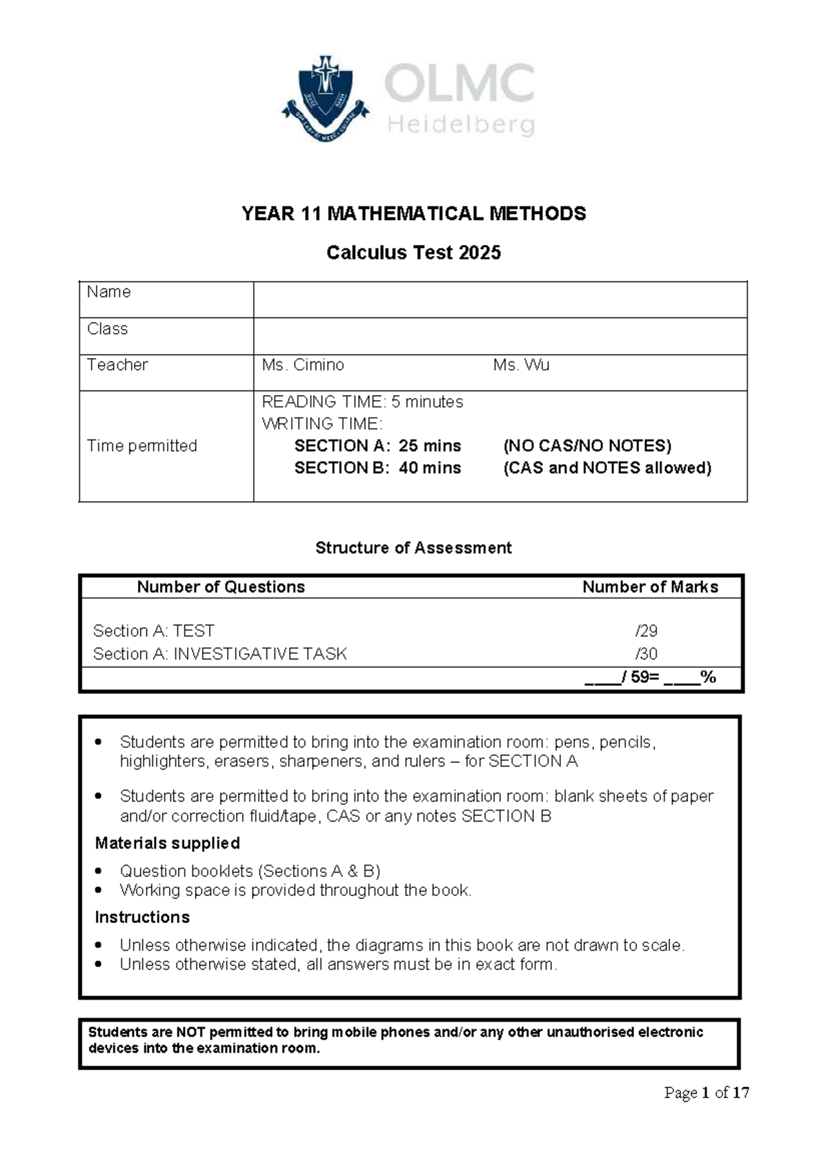 YEAR 11 MATHEMATICAL METHODS Calculus Assessment Task 2025 - Studocu