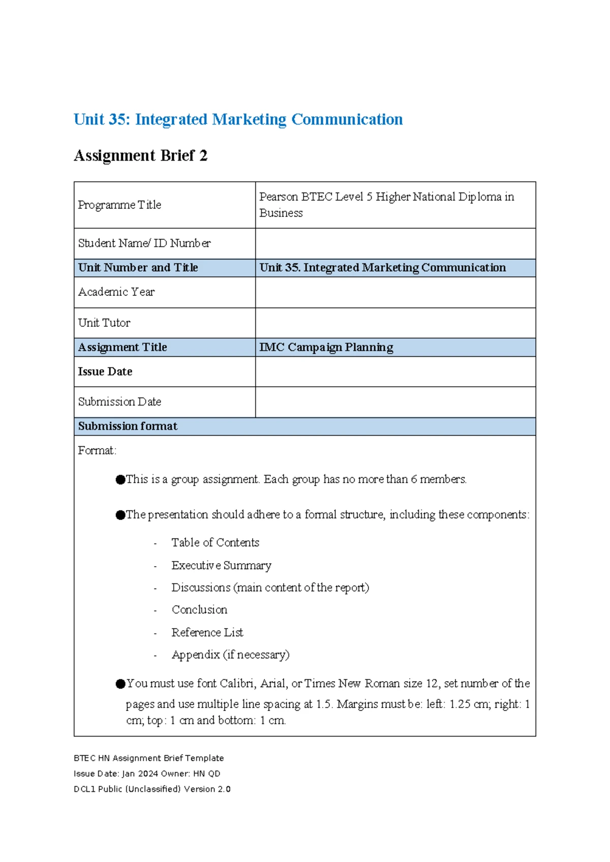 Unit 35: Integrated Marketing Communication Assignment Brief (Jan 2024 ...