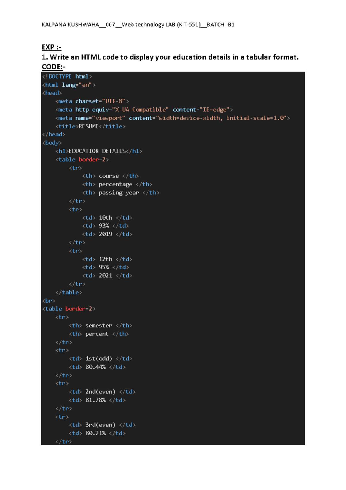 Lab Practical 1: HTML Coding for Education and CV Display - Studocu