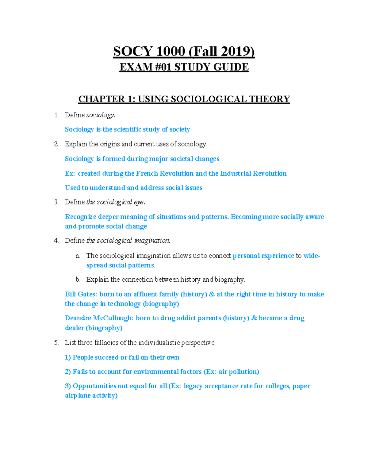 SOCY 1000 - Exam 1 Study Guide: Key Concepts & Theories Overview - Studocu