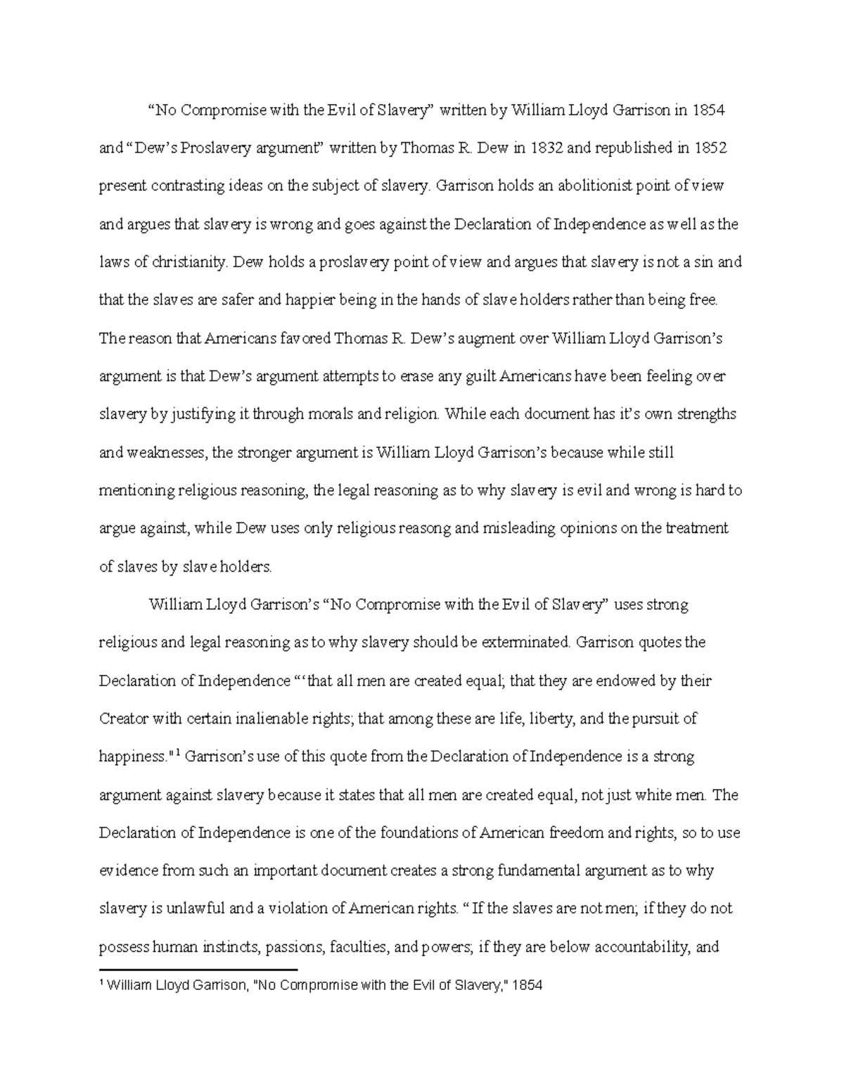 History Paper on Garrison vs. Dew - “No Compromise with the Evil of ...