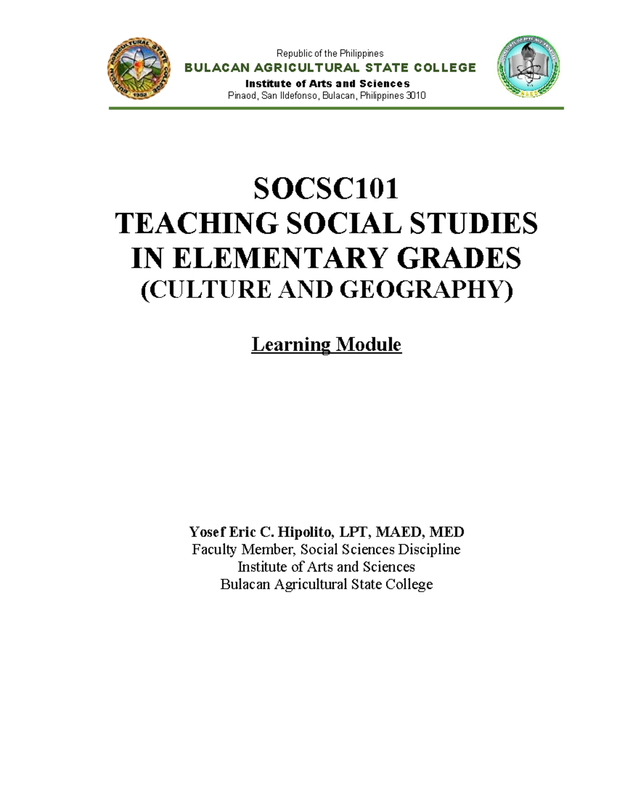 SOCSC101 Teaching Social Studies in Elementary Grades: Culture ...