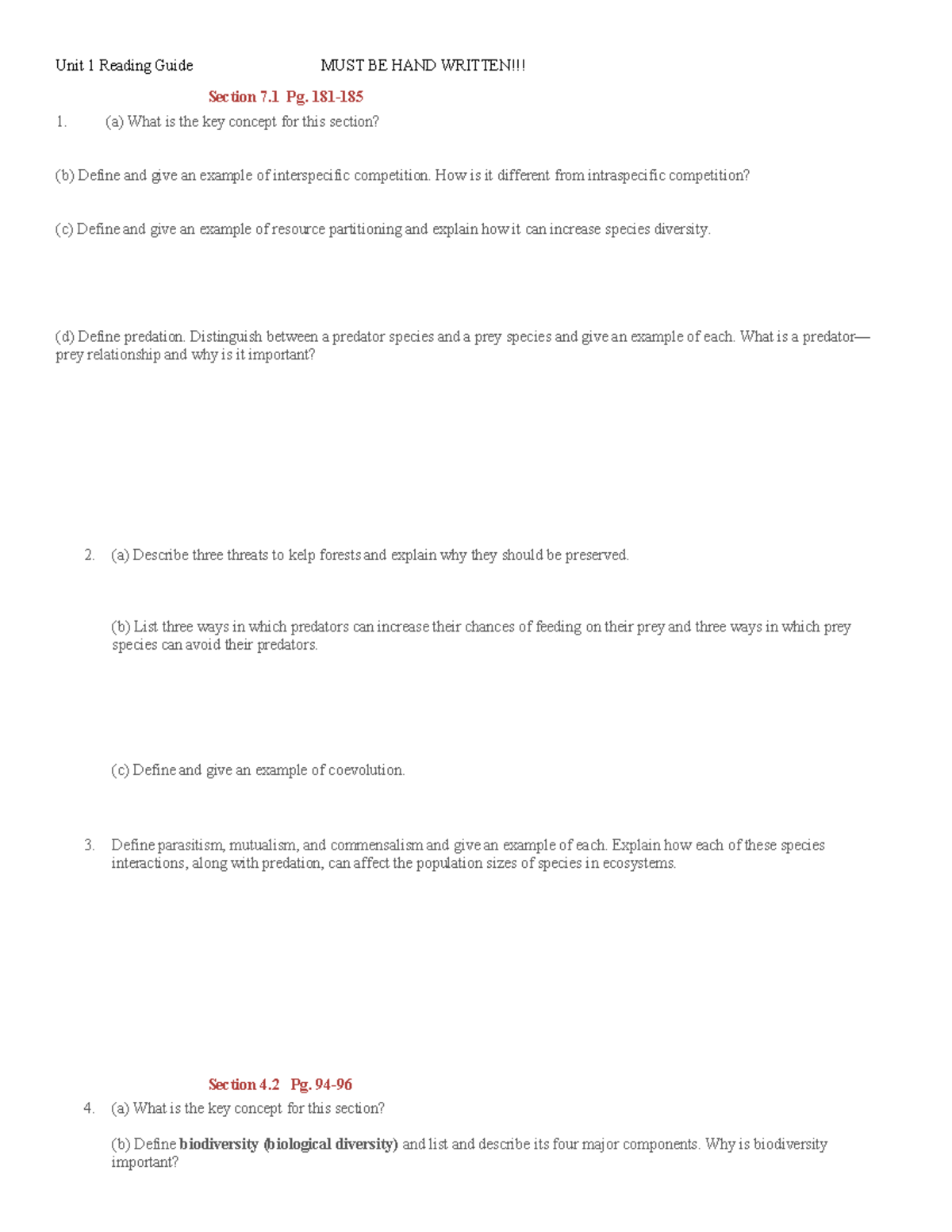 Unit 1 Reading Guide: Key Concepts and Ecological Interactions - Studocu