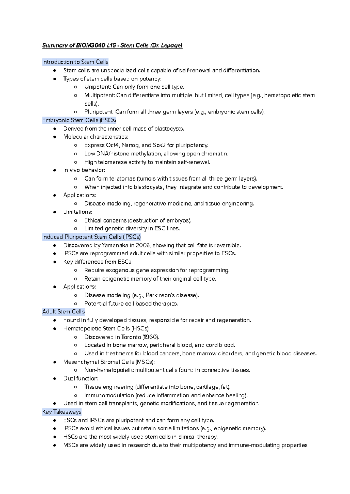 BIOM3040 lecture notes on stem cells and development concepts - Studocu