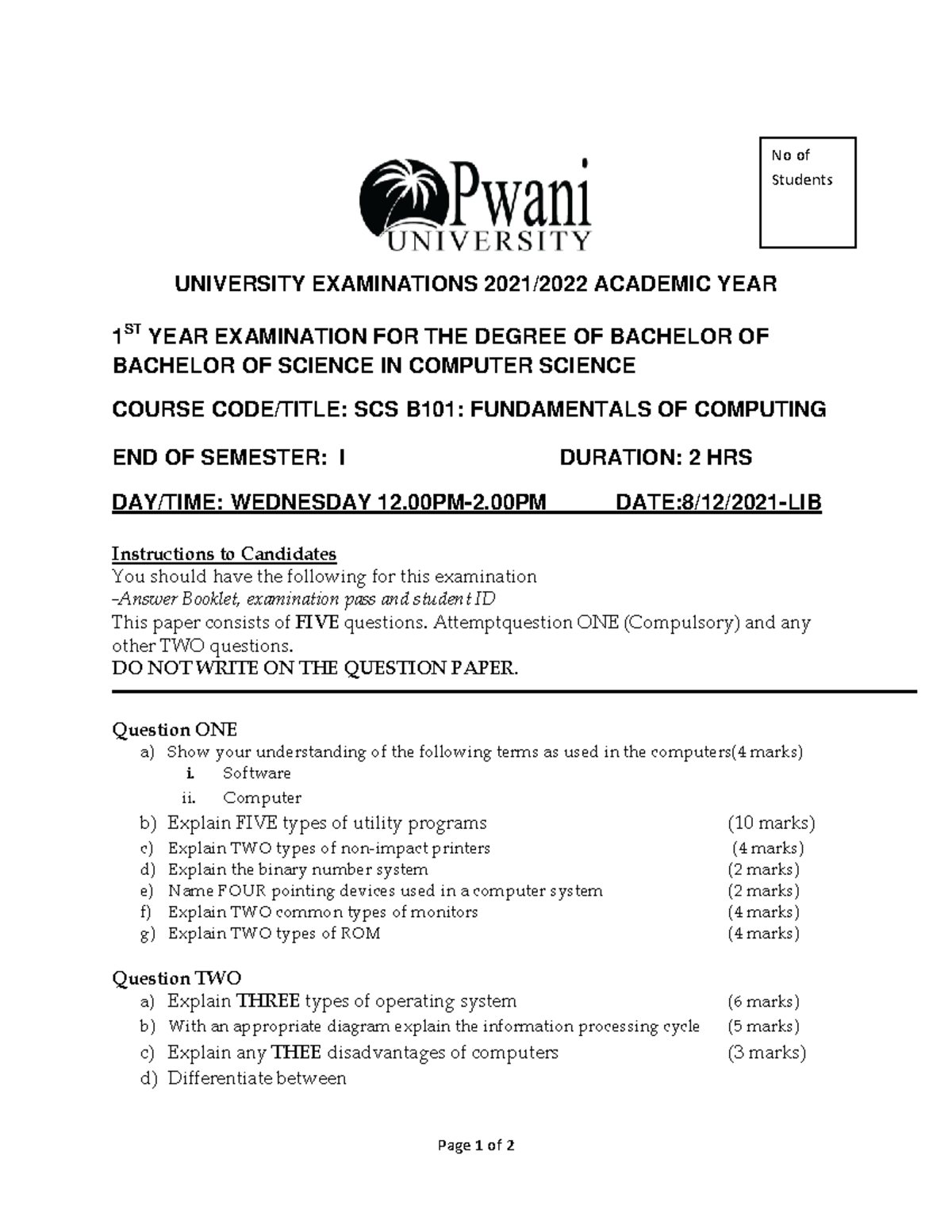 SCS B101: End of Semester 1 Exam Paper for Computer Science 2022 - Studocu