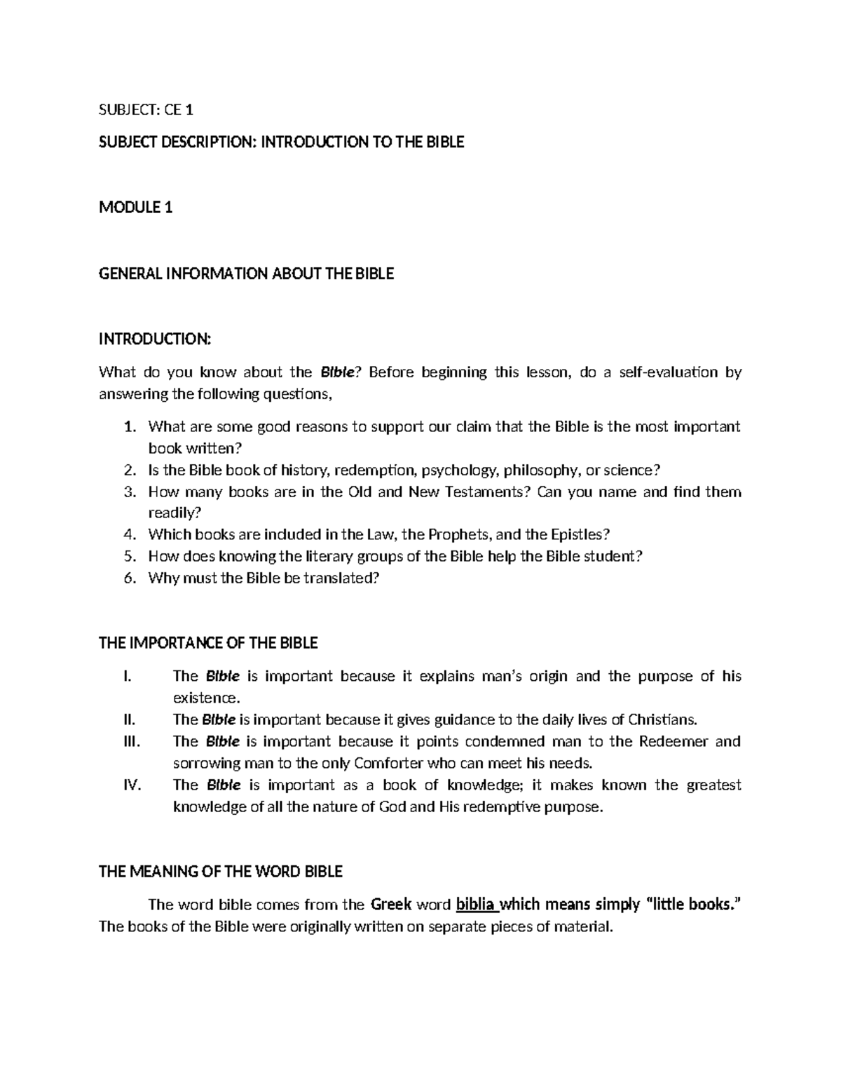 CE 1: Introduction to the Bible - Module 1 Overview and Insights - Studocu