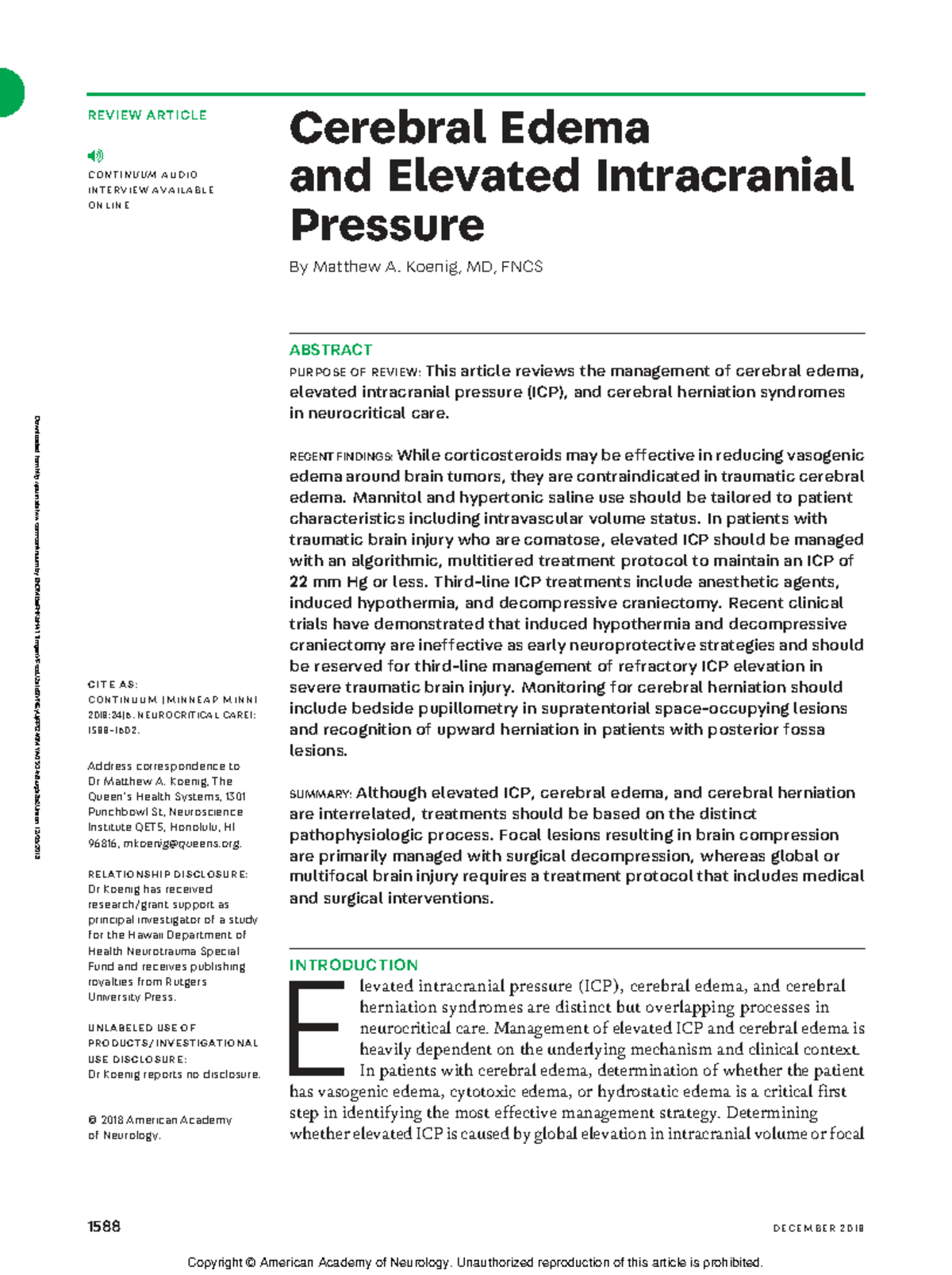 Cerebral Edema and Elevated ICP Management: A Review (NEURO 1588) - Studocu