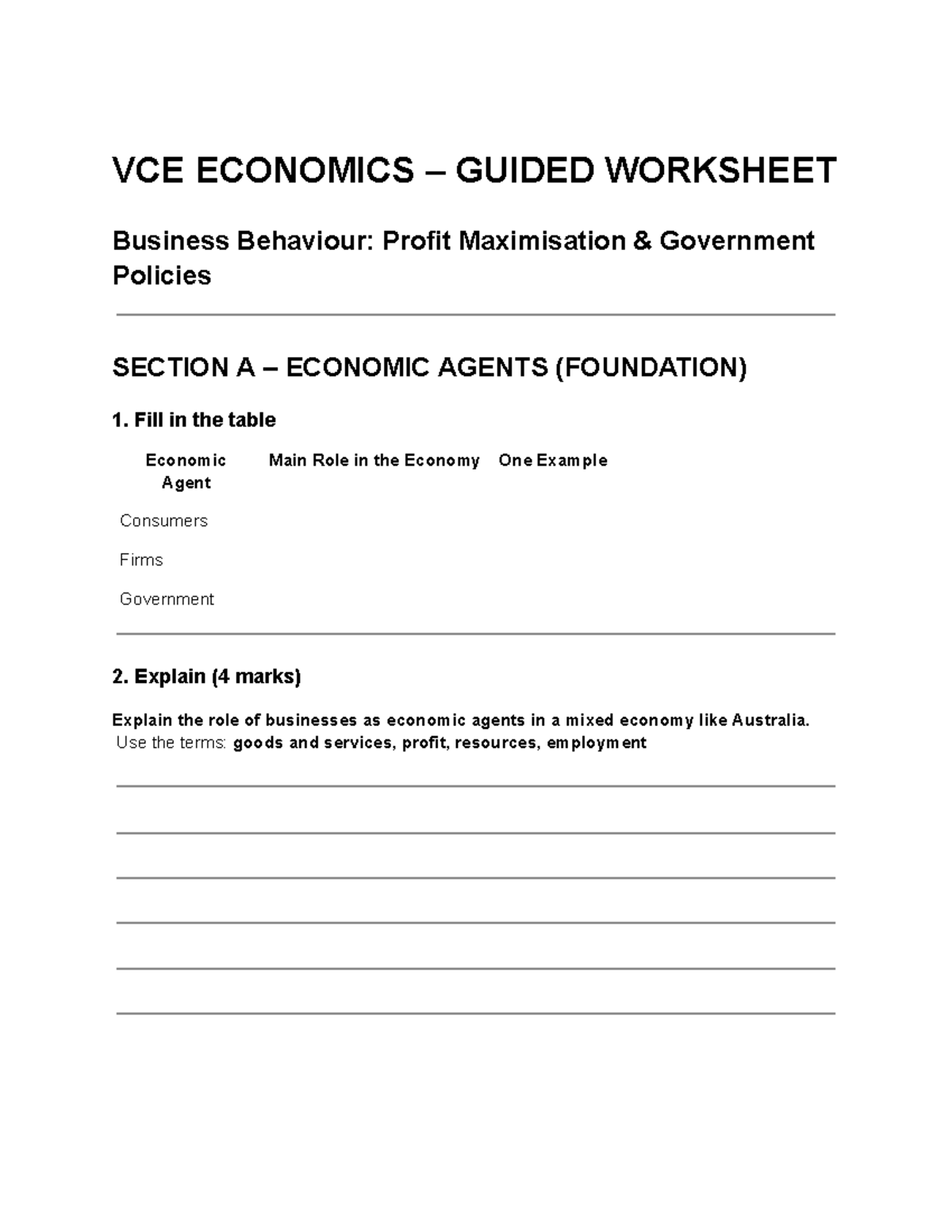 VCE ECONOMICS GUIDED WORKSHEET: Business Behaviour & Profit ...