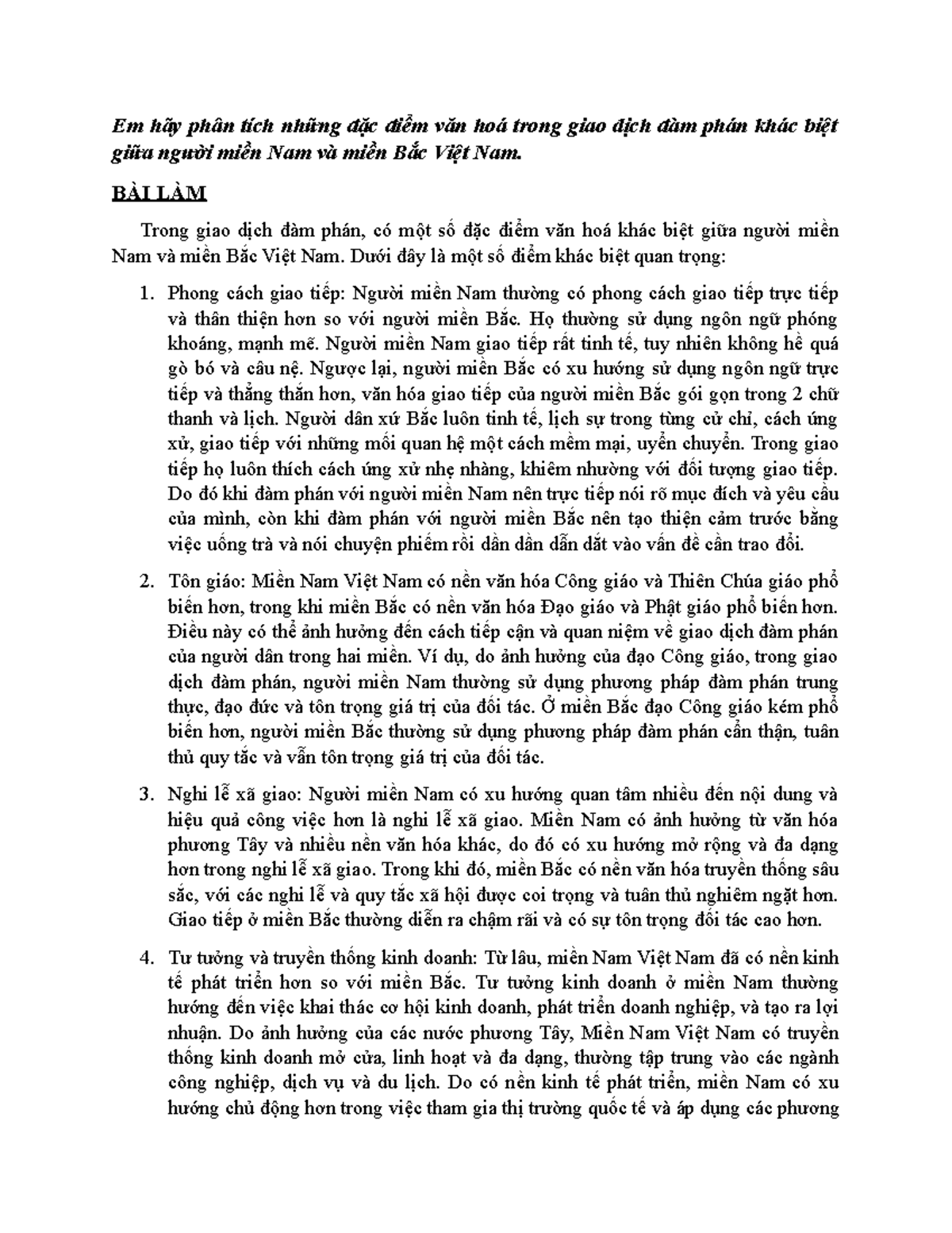 Phân Tích Đặc Điểm Văn Hóa Đàm Phán Miền Bắc & Miền Nam Việt Nam - Document Preview
