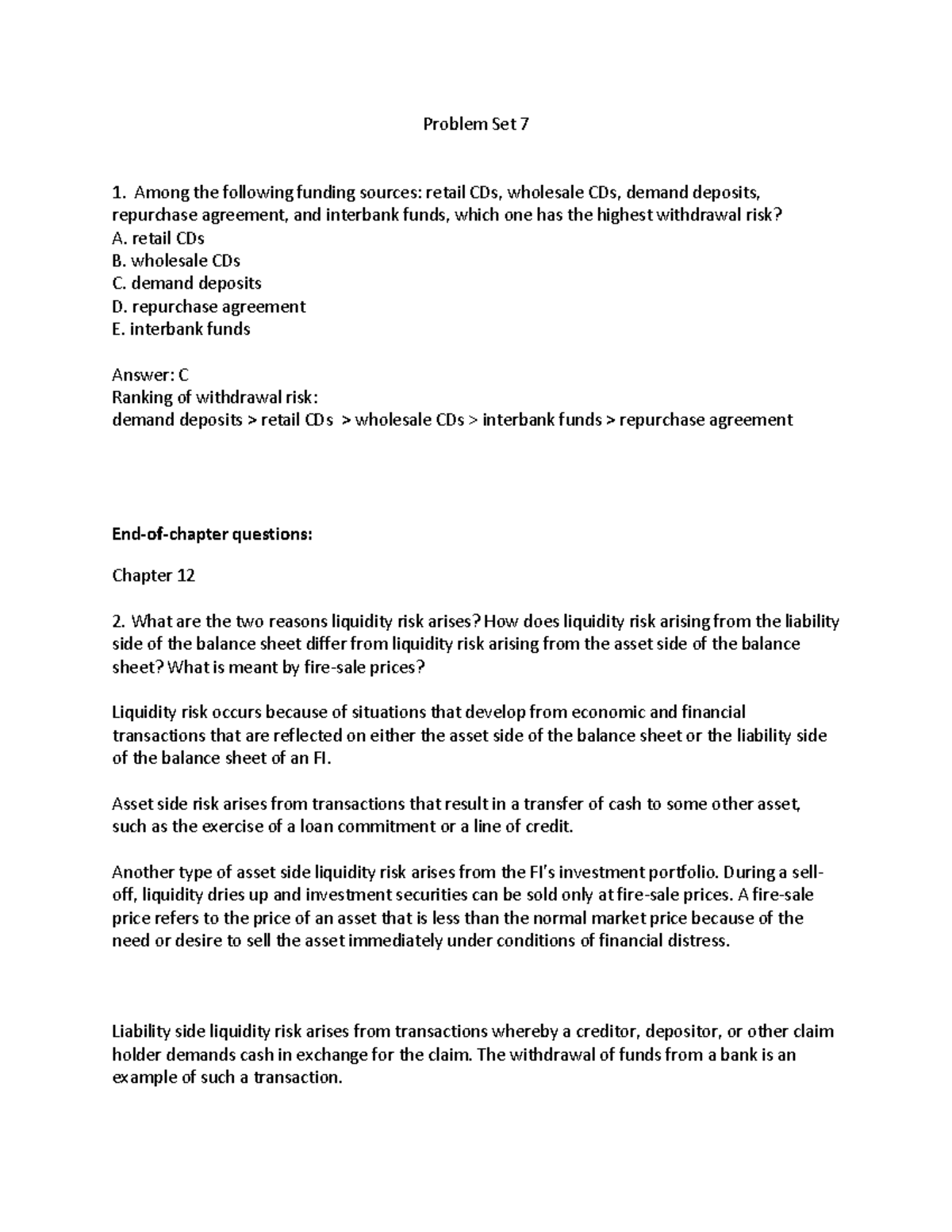 Problem Set 7: Liquidity Risk Analysis with Solutions for FIN 401 - Studocu