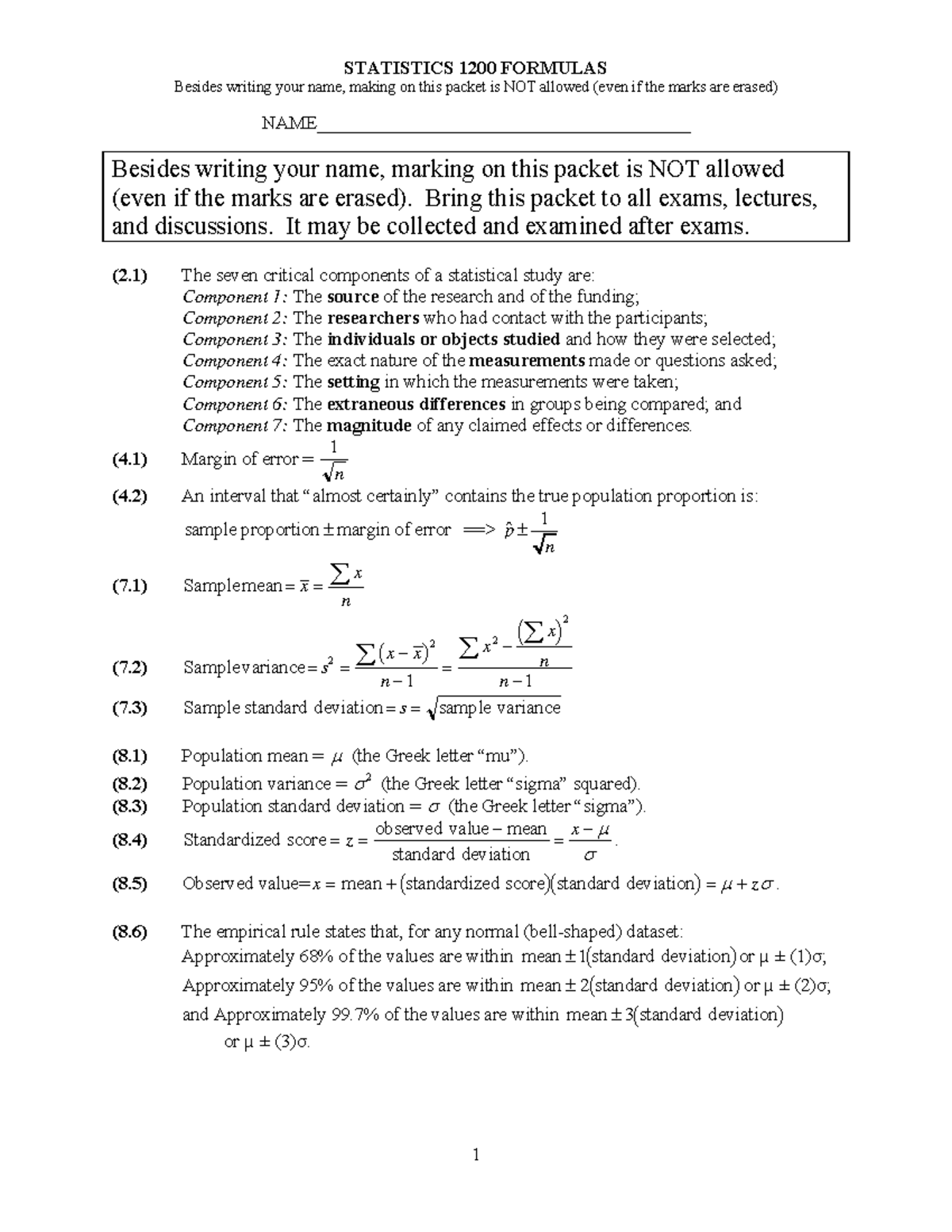 Stat 1200 Final Exam Statistical Formulas and Concepts - Studocu