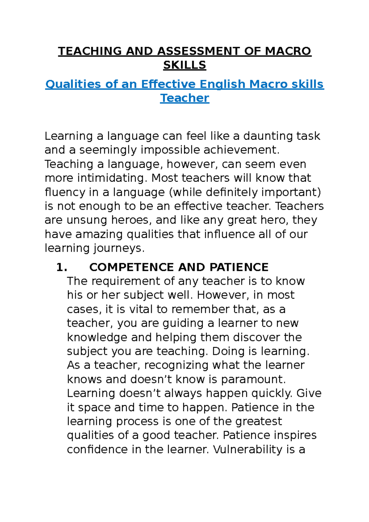 Teaching & Assessment of Macro Skills: Qualities of an Effective ...