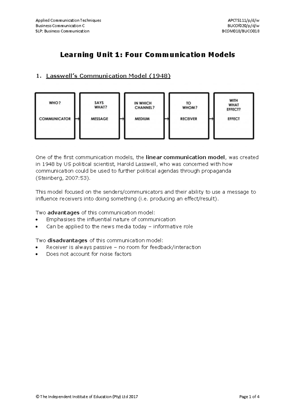 Applied Communication Techniques C SLP: Four Communication Models - Studocu