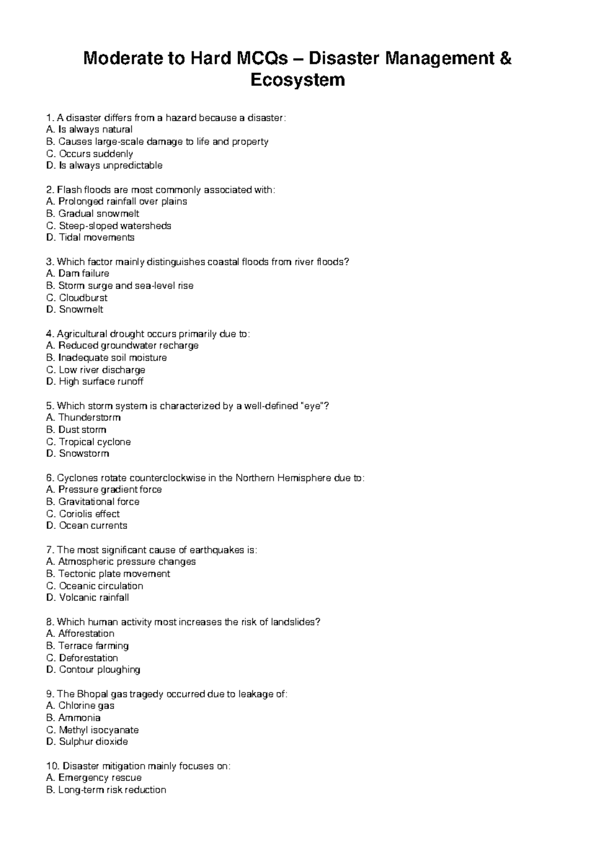 Moderate to Hard MCQs on Disaster Management Ecosystem - Studocu
