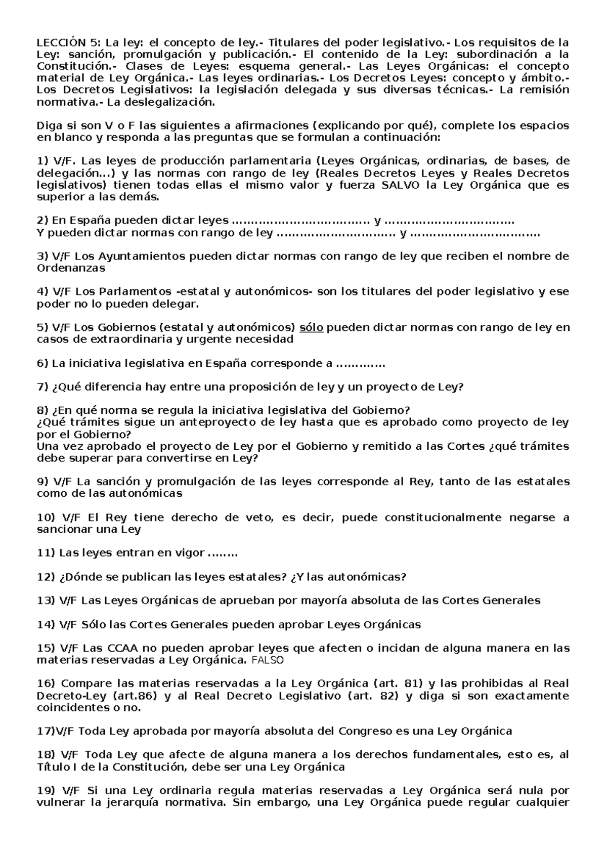 Autoevaluación tema 5 - LECCIÓN 5: La ley: el concepto de ley ...