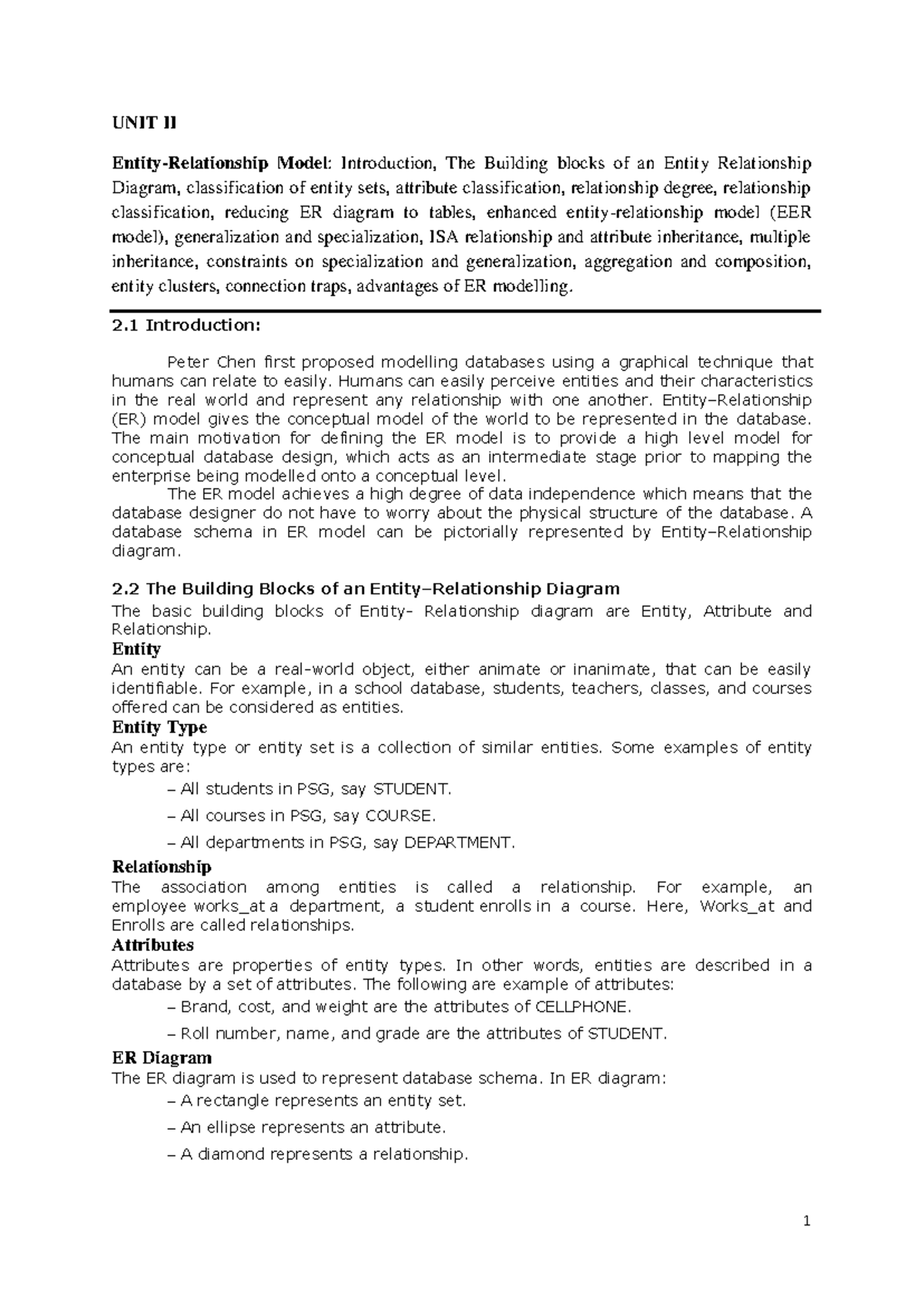 DBMS Unit II: ER Model Fundamentals and Diagram Conversions - Studocu