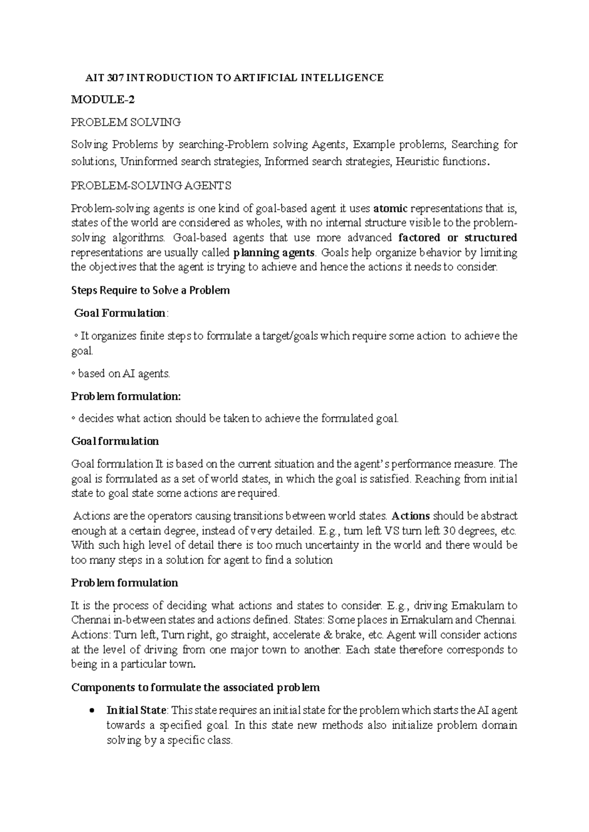 AIT 307 Final Exam Notes: Problem Solving in AI - Studocu