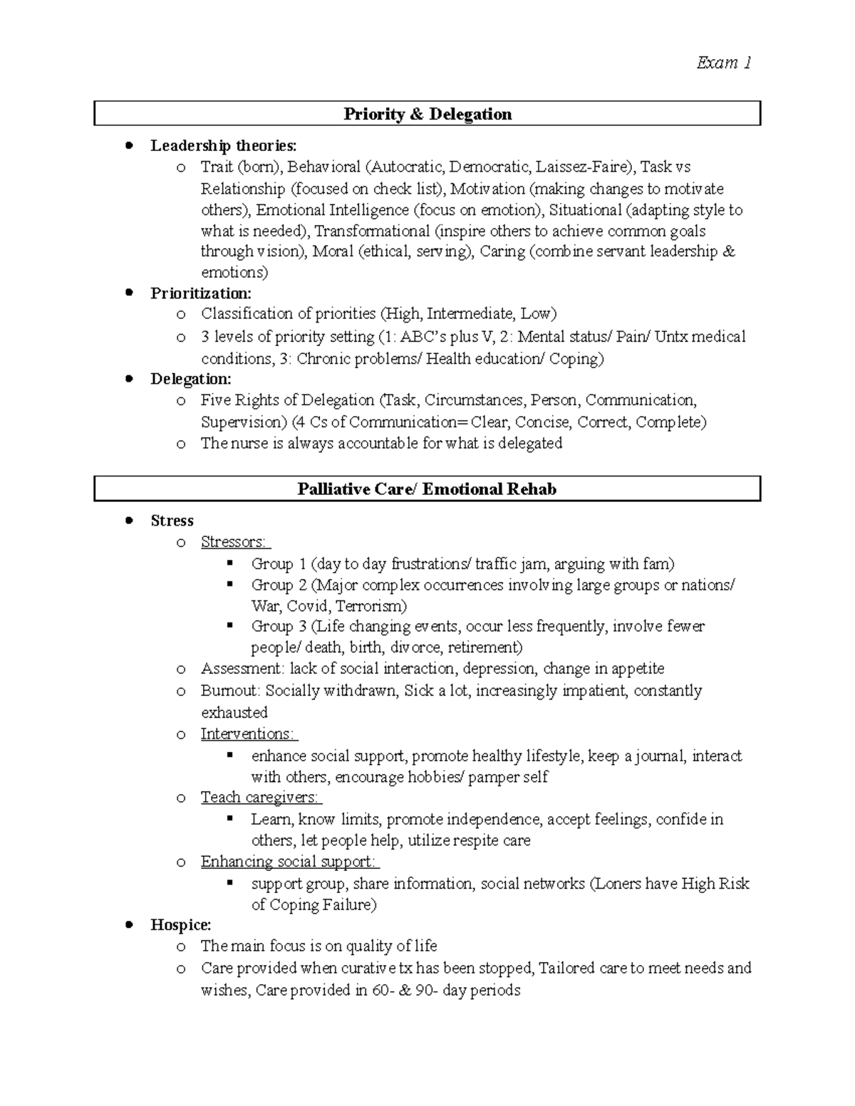 Study Guide EX1: Leadership, Palliative Care & Triage Techniques - Studocu