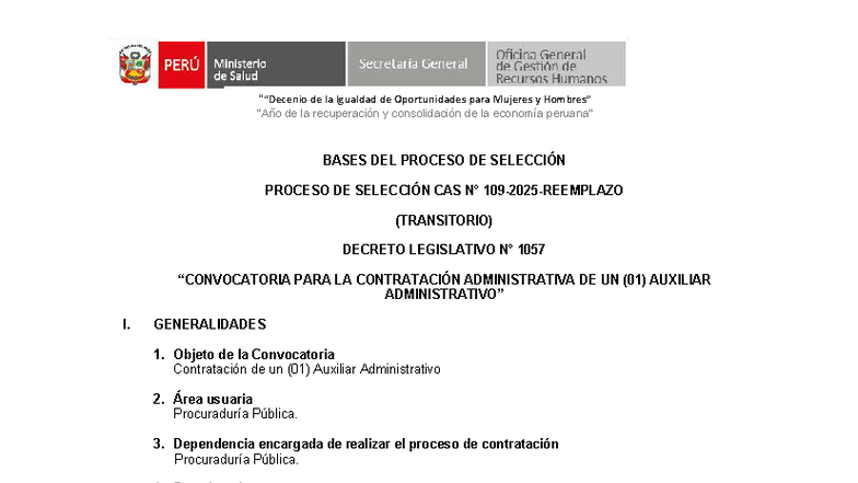 Bases del Proceso de Selección CAS para Auxiliar Administrativo - D.L ...