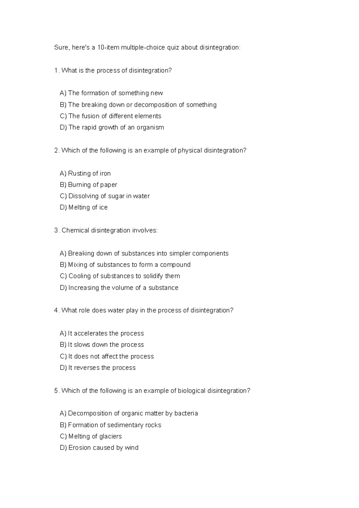 Quiz on Disintegration Concepts and Processes - Studocu