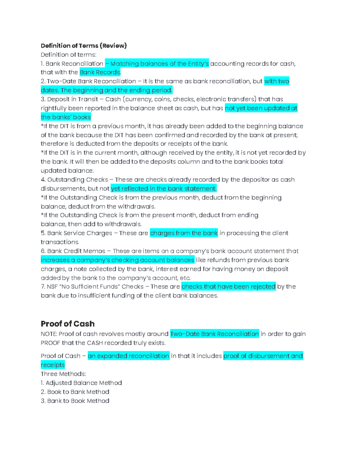 Proof of Cash - Essential Notes for Bank Reconciliation (ACCT101) - Studocu