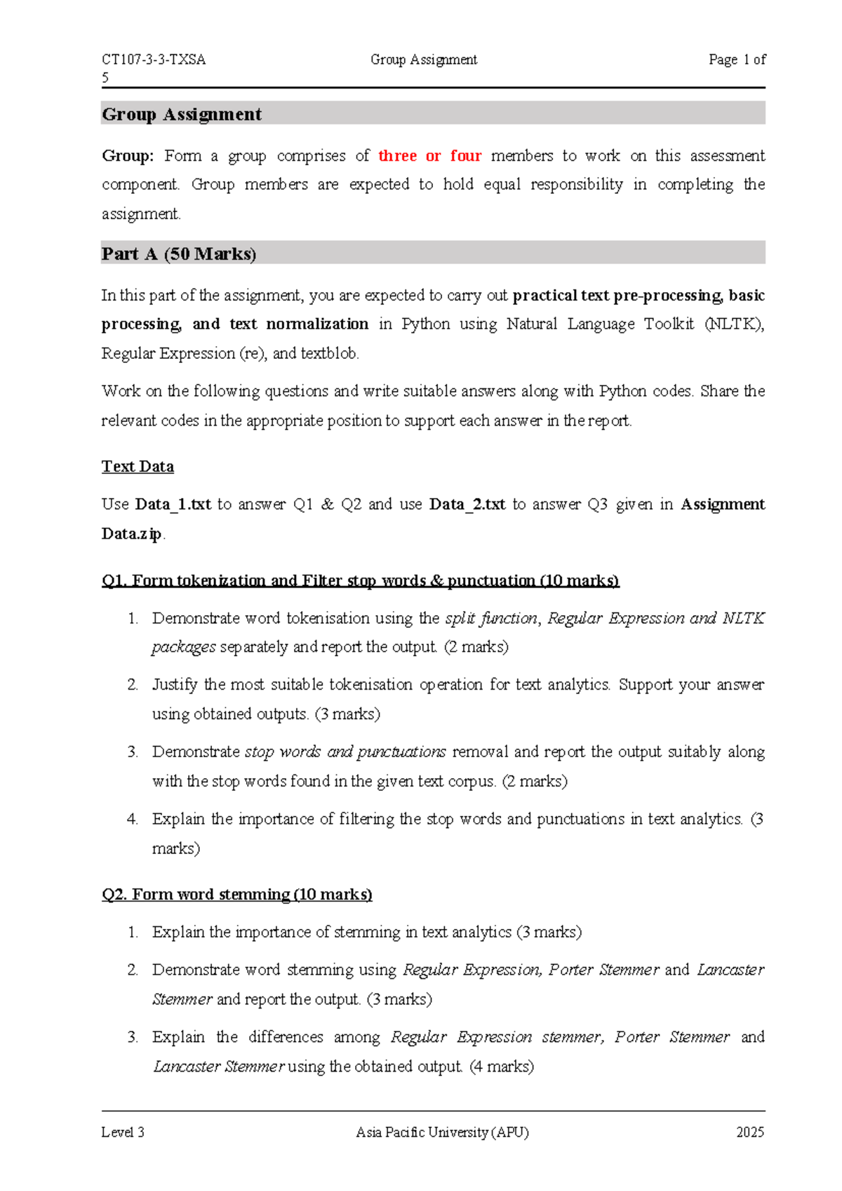CT107-3-3-TXSA - Group Assignment on Text Processing in Python - Studocu