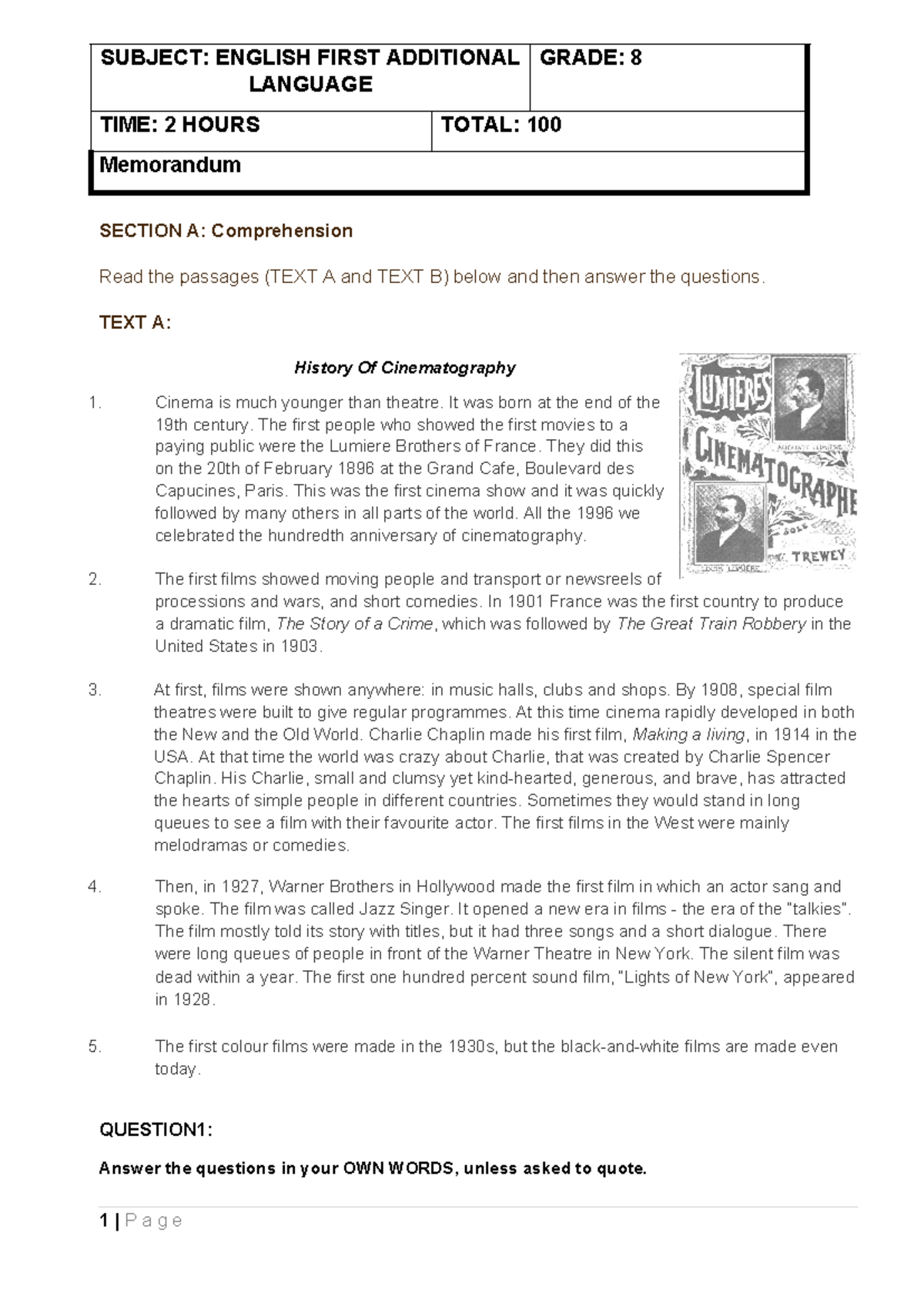 Grade 8 English First Additional Language Paper 2 MEMO Review - Studocu