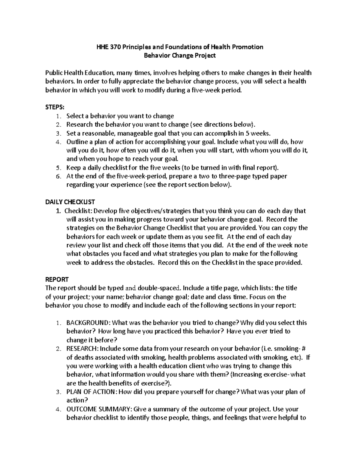 HHE 370 Behavior Change Project - HHE 370 Principles and Foundations of ...