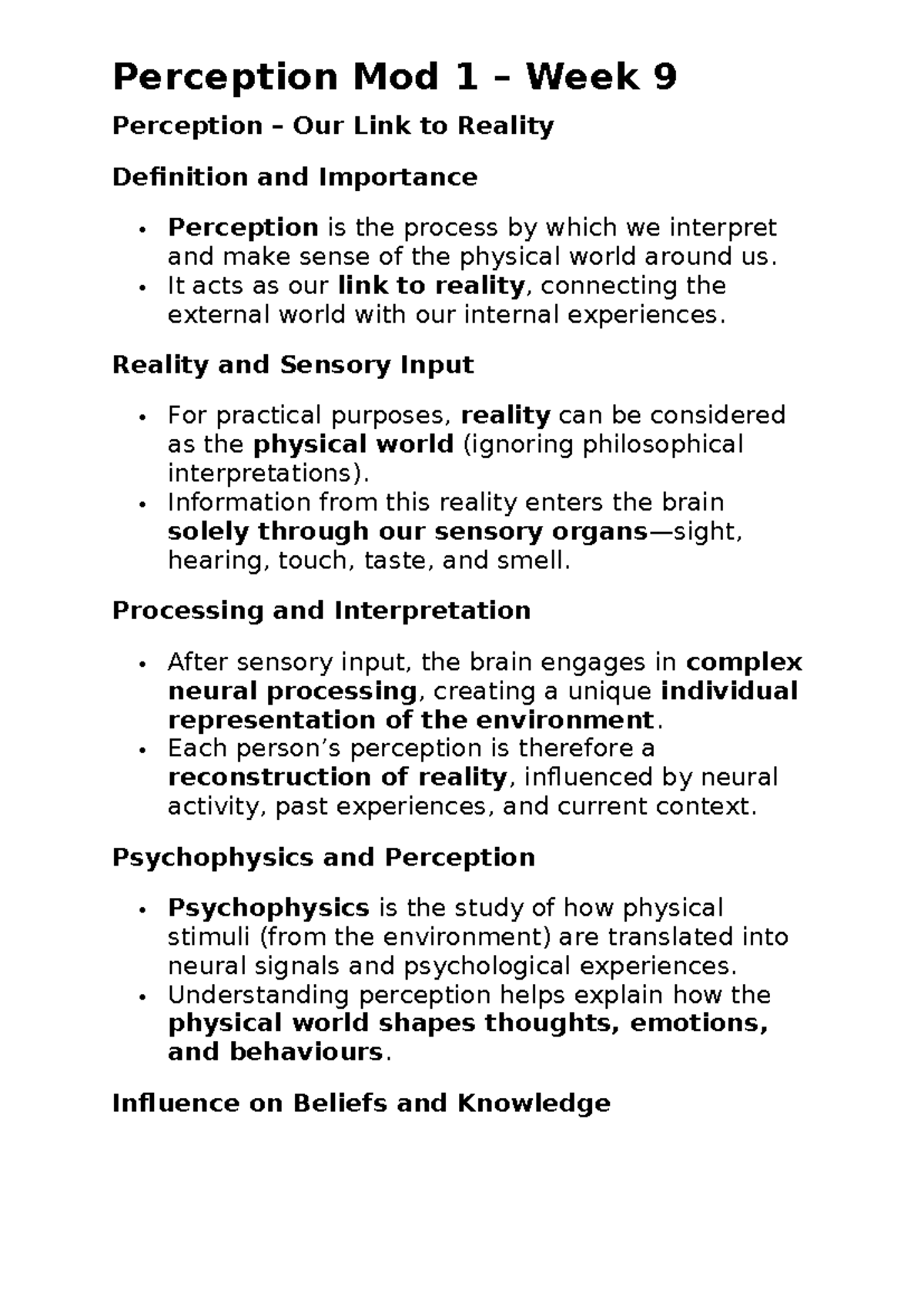 Perception Mod 1 Week 9: Understanding Our Link to Reality - Studocu
