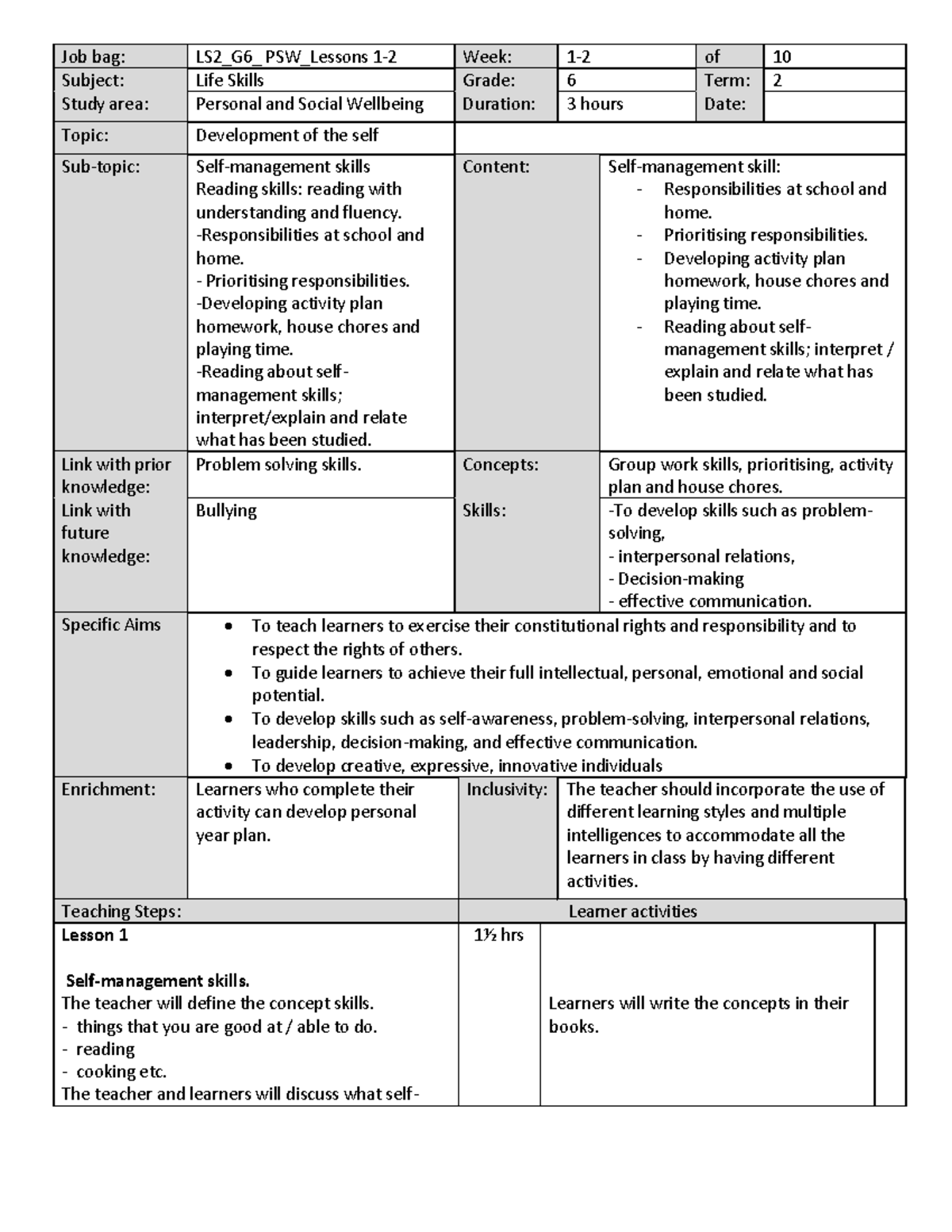 LS2_G6_PSW_Lessons: Developing Self-Management & Responsibilities - Studocu
