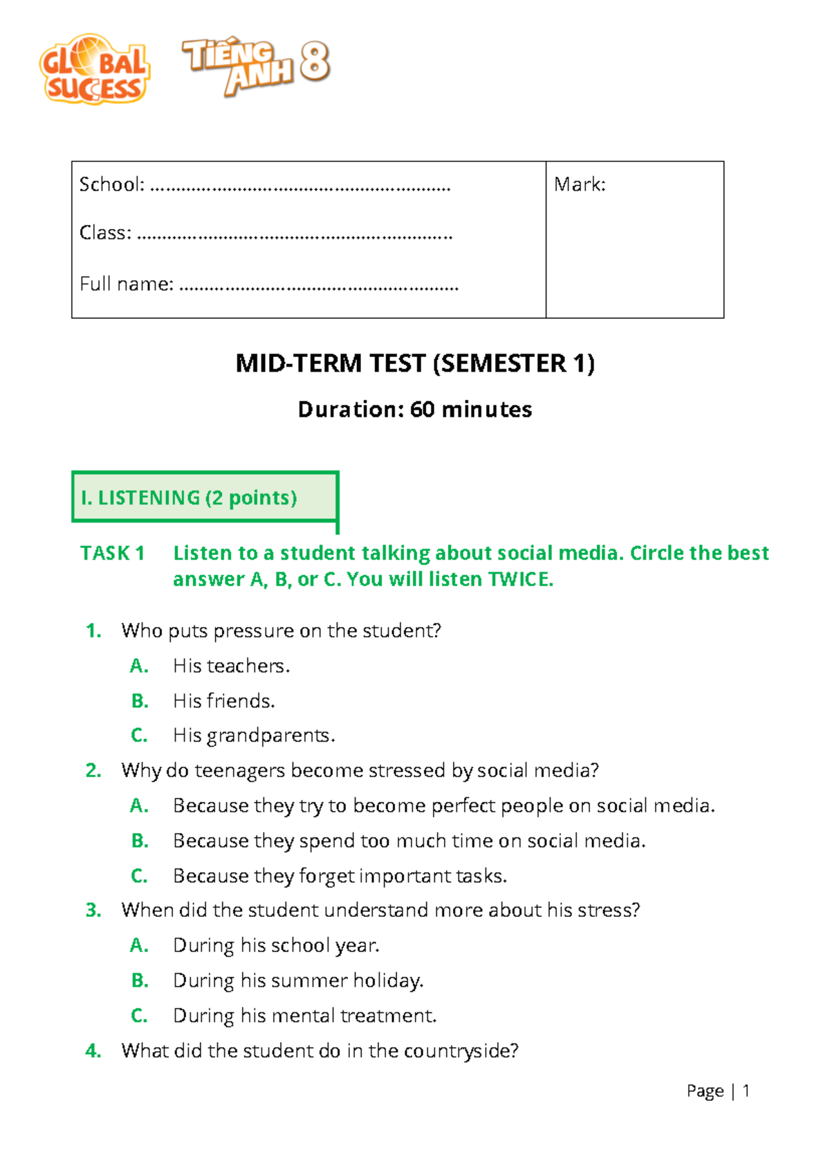 Midterm Test 1 (Semester 1) - School