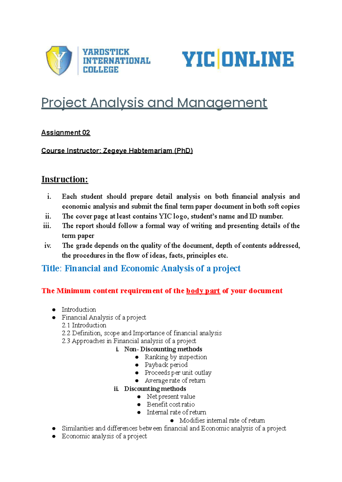 Project Analysis and Management Assignment 02 - Each student should ...